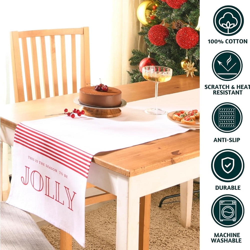 Christmas Jolly Season Table Runner 108 Inches for Christmas White Red NWT